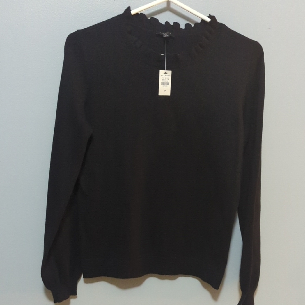 Talbots Black Ruffle Neck Wool Blend Sweater Size P (Petite XS) NWT